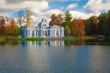 Autumn landscape with view of the pond and pavilion "Grotto" in the Catherine Park, Pushkin, Saint-Petersburg