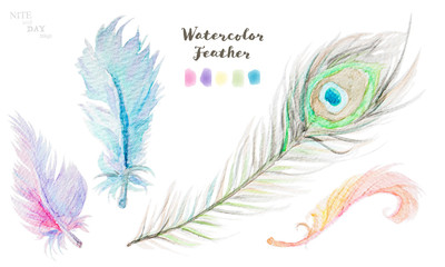 カラフルな水彩絵の具で描いた柔らかな羽根