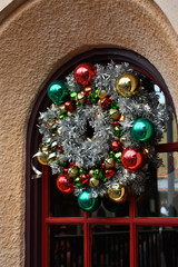Christmas wreath.park alley with Christmas decorations