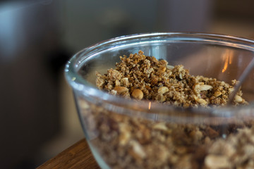 Oats and seeds in a bowl for breakfast , healthy muesli.