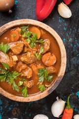 Beef goulash served in bowl
