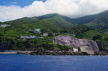 客船からみる御蔵島の市街地