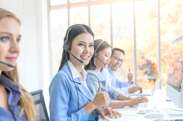 Call Center Service. Photo of customer support or sales agent.  Help line answering and...