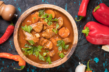 Beef goulash served in bowl