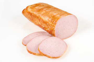 Tasty meat sausages over white background