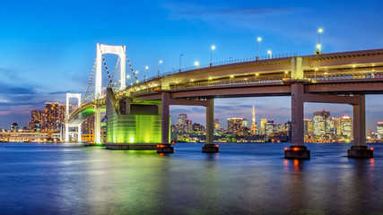 Panorama view of Tokyo skyline with Tokyo tower and Rainbow bridge seen from Odaiba in the evening. Tokyo, Japan. Host city of the Olympic Games 2020.