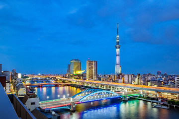 Cityscape of Tokyo skyline, panorama view of office building at Sumida river in Tokyo in the evening. Japan, Asia. Host city of the Olympic Games 2020.