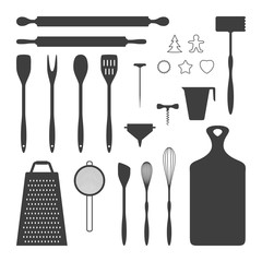 Vector illustration of kitchen utensil silhouettes collection. 22 different kitchen tools. Fully editable set for packaging, menu design and your other projects.