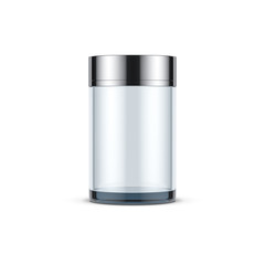 Glass cylindrical jar mockup for cosmetics with chrome cap isolated on white