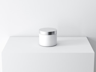 White cylindrical tin can jar mockup for cosmetics with chrome lid on white cube, 3d rendering