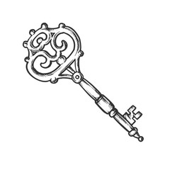 Key Antique Decorative Design Monochrome Vector. Ornate Door Or Gate Skeleton Victorian Key. Close Territory Access Element Template Hand Drawn In Vintage Style Black And White Illustration