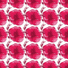 Flourish poppies pattern in line art style. Poppy flower line art. Botanical seamless vector texture. Colorful background blossoming bloomy vector. Wildflowers handcrafted artsy poppy surface design