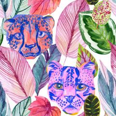 Jasny akwarela tropikalny ilustracja botaniczna z kolorowych liści i głowy dzikich zwierząt. Kolor wody egzotycznej dżungli wzór na lato. Nadruk skóry zwierzęcej. Afrykańska tapeta - 289635445