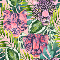 Cool trendy african animals seamless pattern. Watercolor animal print pattern with cute leopard, cheetah, jaguar muzzles in jungle. Summer nature graphic background. Hand painted art illustration © Tanya Syrytsyna