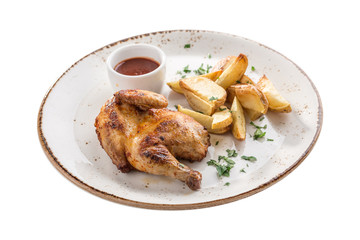 Half chicken tobacco with potato wedges and corn and tomato sauce isolated on white background