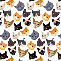 cats heads seamlesss pattern. Set of breeds of cat print from avatars. cute animals, cute vector illustration