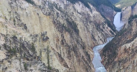 Yellowstone Lower Falls river grand canyon. Upper and Lower falls. National Park in Wyoming geothermal ecosystem environment. Biology, geography and ecology. Millions of tourist and visitors.