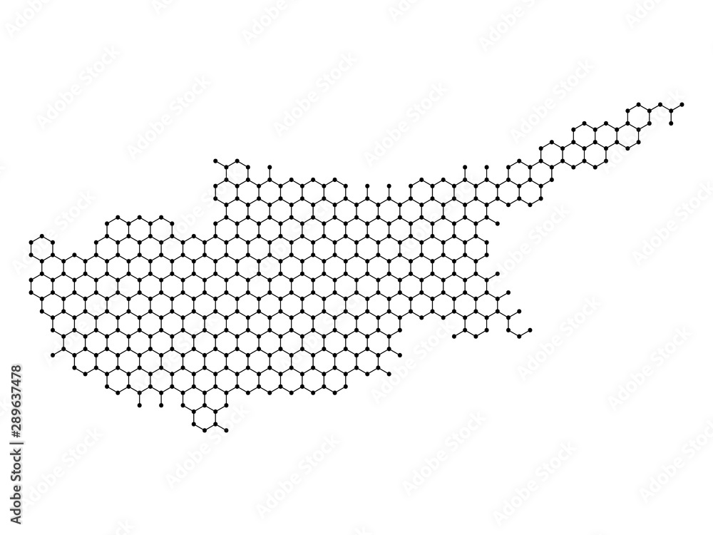 Poster cyprus map from abstract futuristic hexagonal shapes, lines, points black, in the form of honeycomb 