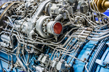 Engine of fighter jet, internal structure with hydraulic. Fuel pipes and other hardware equipment...