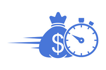 Quick and easy loan, fast money providence, business and finance services, timely payment, financial solution, blue, flat and isolated icon on white background.