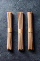 Noodles soba on slate background. Tradal Japanese food. High resolution. Top view.