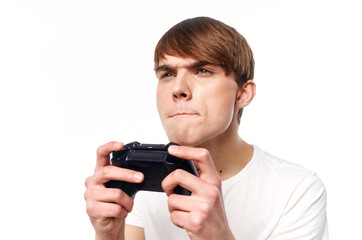 man with joystick playing video game