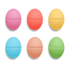 Set of medical colored tablets. Oval bulging pills in 3D style with shadow are isolated on white background. Top view. Realistic vector illustration