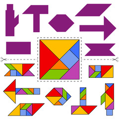 Set of vector tangram puzzles (geometric puzzle) for the development of logical thinking of children and adults. Collection of 7 geometric objects and instruments. Answer card. Vector illustration