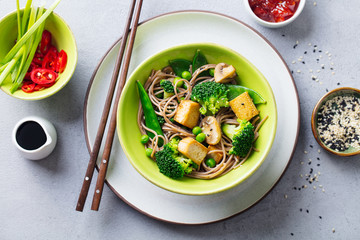 Soba noodles with vegetables and fried tofu in a bowl. Grey background. Top view. Close up.