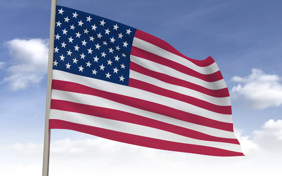 Flag of the United States. US flag on a sky background, 3d render.