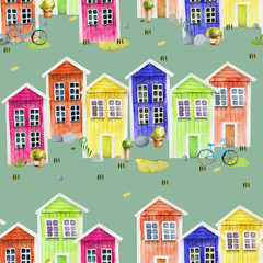 Seamless pattern of watecolor cute colorful nordic wooden houses, hand painted on a green background