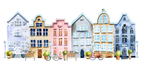 Illustration of street of watercolor scandinavian houses, nordic architecture, hand painted on a white background - obrazy, fototapety, plakaty