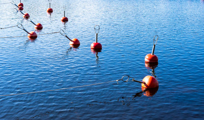 Red buoys on the sea waves