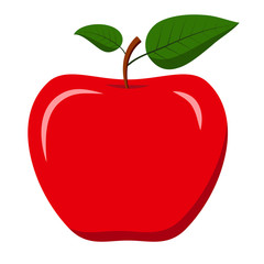 Vector illustration - whole fresh delicious juicy red apple with green leaves, flat design icon isolated on white background.