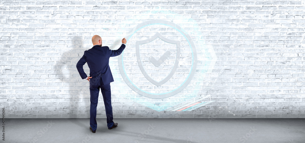 Poster man holding a shield web security concept 3d rendering