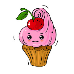 Cute cartoon cupcake with pink cream and cherry. Beautiful character for food design or kawaii illustration.