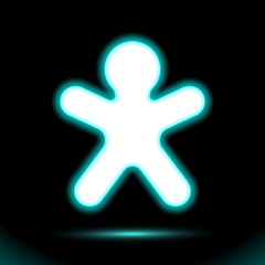 Blue simple gingerbread man cookie merry Christmas, icon Neon lamp. Happy new year, xmas vector illustration for design on black background. Fluorescent luminescent illumination ad. Sign ui signboard