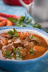 Beef goulash served in bowl