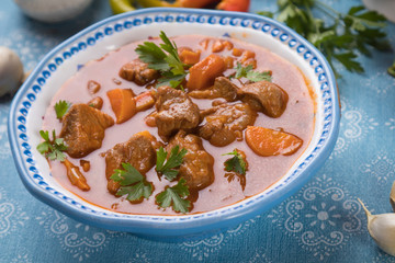 Beef goulash served in bowl