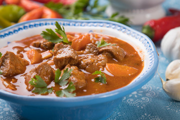 Beef goulash served in bowl