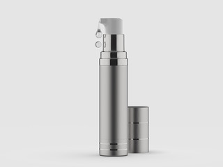 Rough silver color cosmetic and skin care airless dispenser with a drops of clear serum