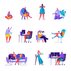 Set of flat people gamers characters. Bundle cartoon people players playing with various devices and poses on white background. Vector illustration in flat modern style.