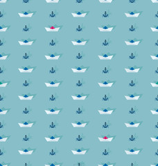 Seamless pattern with paper boat and anchor. Design of a nautical pattern with paper boats and anchors on the waves for children's textiles.