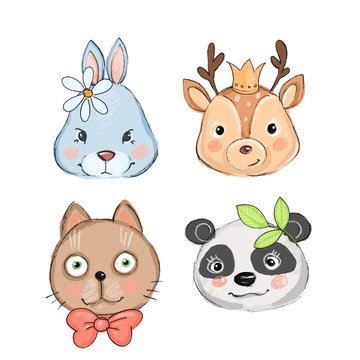 set of cute animals. Rabbit, panda, deer and cat