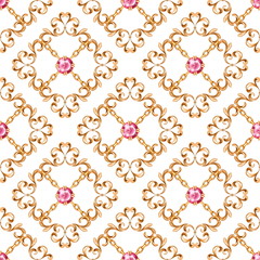 Seamless luxury golden pattern with ruby gems
