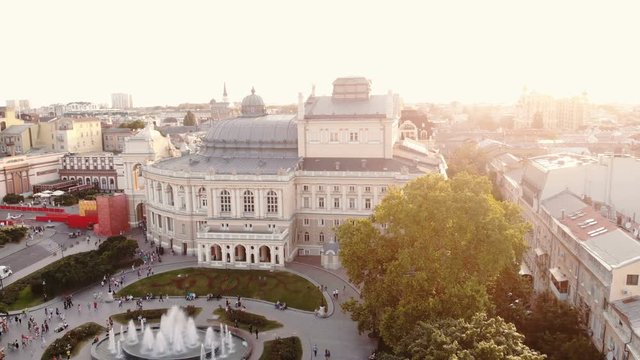 Aerial view of Odessa Opera and Ballet Theater and fountain on the squere.