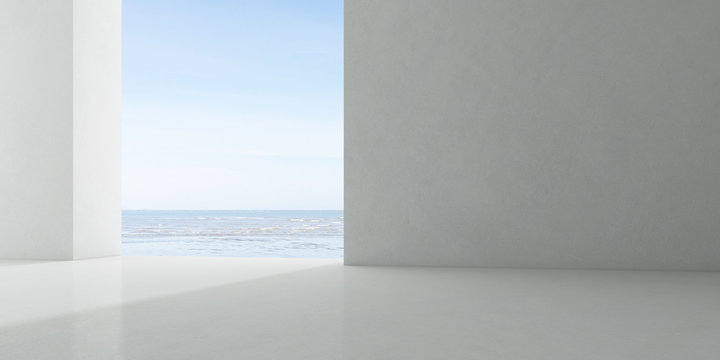 Abstract of concrete interior with sun light cast the shadow on the floor ,Geometric structure design,Museum space on sea view background, Perspective of brutalism  architecture,3d rendering	