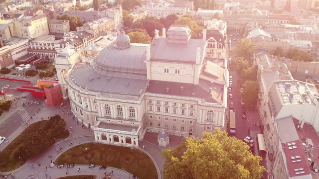 Aerial view of Odessa Opera and Ballet Theater and fountain on the squere.