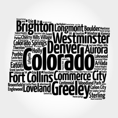 Obraz premium List of cities in Colorado USA state, map silhouette word cloud map concept