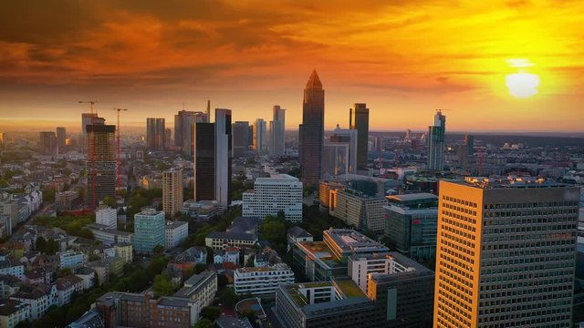 Frankfurt skyline aerial view from above drone footage in 4k germany city.